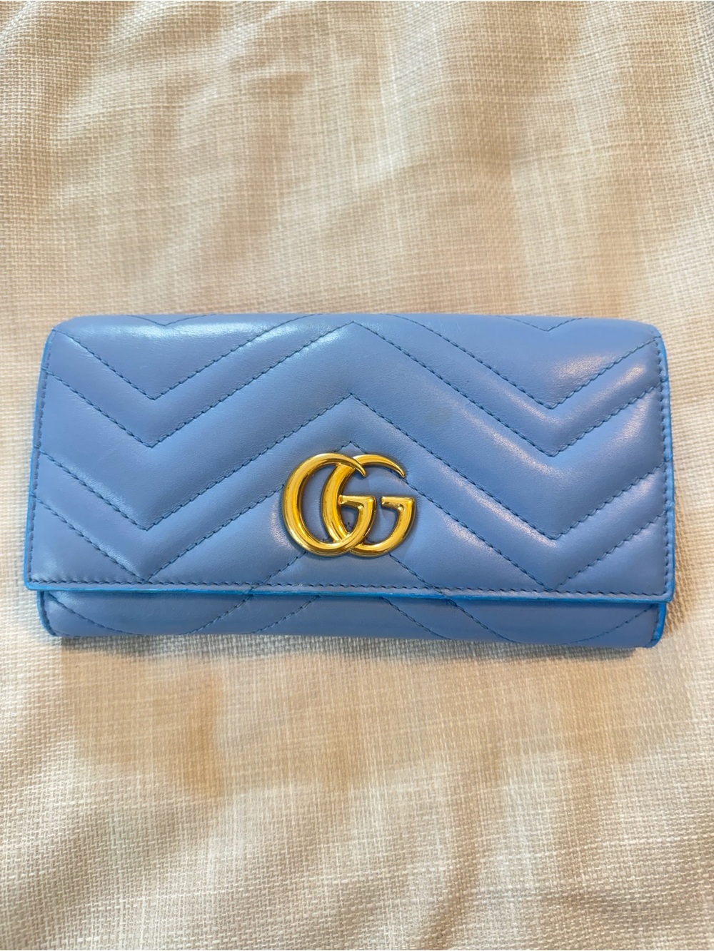 Gucci Light Blue Chevron GG Continental Wallet with Gold Hardware